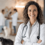 Uśmiechnięta weterynarz w białym fartuchu z stetoskopem, stojąca w nowoczesnej klinice weterynaryjnej z psami w tle – profesjonalna opieka nad zwierzętami.