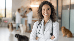 Uśmiechnięta weterynarz w białym fartuchu z stetoskopem, stojąca w nowoczesnej klinice weterynaryjnej z psami w tle – profesjonalna opieka nad zwierzętami.
