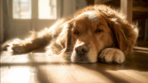 Golden retriever leżący na podłodze w słońcu – spokojny pies odpoczywający w domu, zmęczenia zwierzęcia ze względu na biegunkę..
