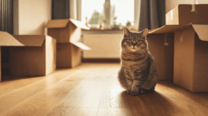 Kot siedzący na podłodze między kartonami podczas przeprowadzki – zdjęcie symbolizujące stres i ciekawość zwierzaka w nowym otoczeniu.
