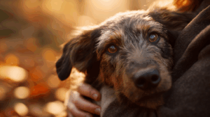 Kundelek przytulony do człowieka w jesiennym świetle – symbol miłości i lojalności psów nierasowych, Dzień Kundelka