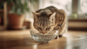 Kot pije wodę z przezroczystej miski w domu – profilaktyka odwodnienia i chorób nerek u kota