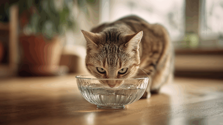 Kot pije wodę z przezroczystej miski w domu – profilaktyka odwodnienia i chorób nerek u kota