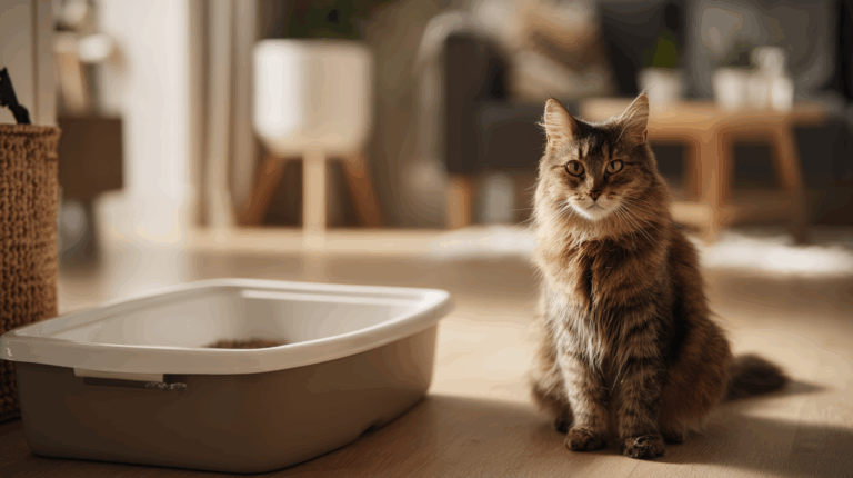 Kot siedzi obok kuwety w mieszkaniu – możliwy objaw stresu lub choroby układu moczowego (FLUTD)