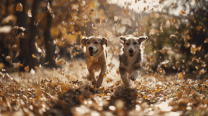 Dwa psy biegnące po jesiennych liściach w parku podczas spaceru – radość, ruch i zabawa na świeżym powietrzu