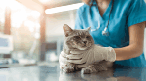 Weterynarz w niebieskim fartuchu zakłada wenflon kotu przed zabiegiem w gabinecie – przygotowanie do sanacji jamy ustnej